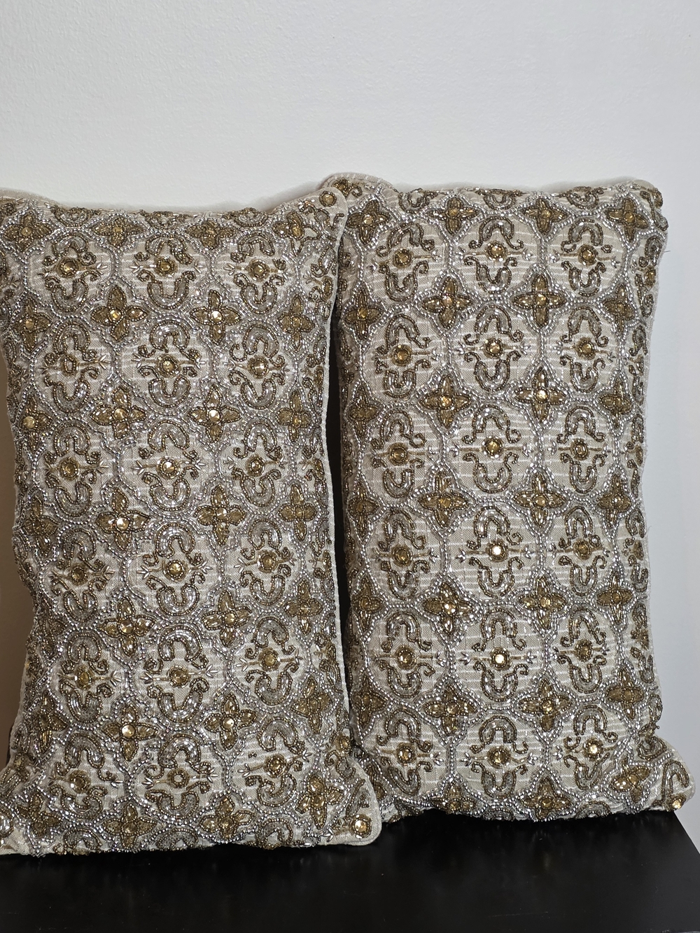 Embellished Gold and Cream Decorative Throw Pillow Pair